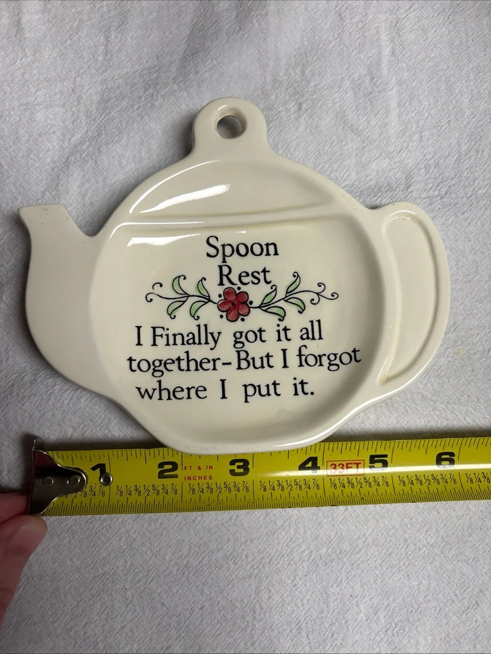Cream Teapot Spoon Rest with Floral Accent